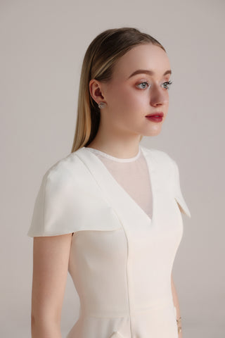 White Organza-Collar Rain Cloth Mini Dress with Buttoned Pockets