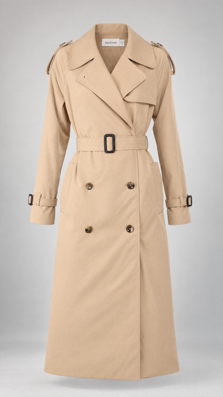 Margaux trench coat in sand beige, ghost mannequin front view