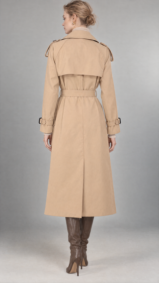 Margaux trench coat in sand beige, back view, full length