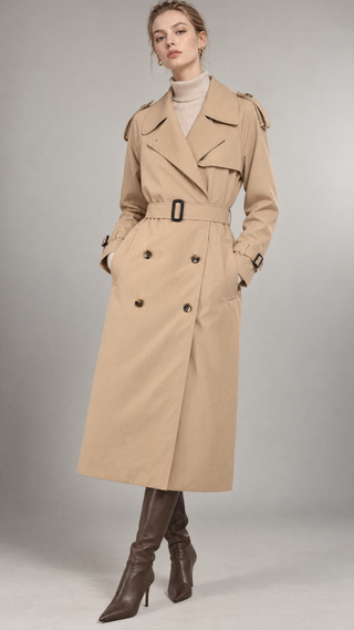 Margaux trench coat in sand beige gabardine worn with belt tied, full length