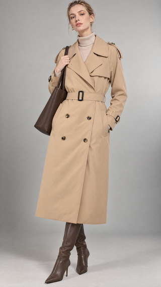Margaux trench coat in sand beige, worn open over layers