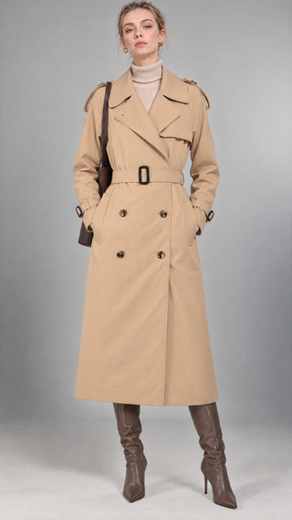 Margaux trench coat in sand beige gabardine, three-quarter angle