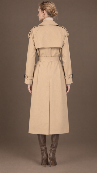 Margaux trench coat in sand beige, back view showing storm cape, box pleat and belted waist