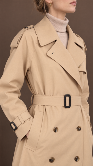 Margaux trench coat detail: storm flap, epaulettes, buckled belt and horn buttons
