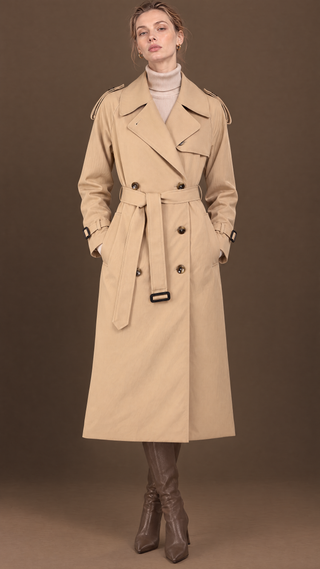 Margaux trench coat in sand beige, front view with belt tied