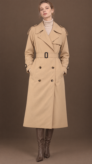 Margaux trench coat in sand beige cotton gabardine, front view, belted, full length