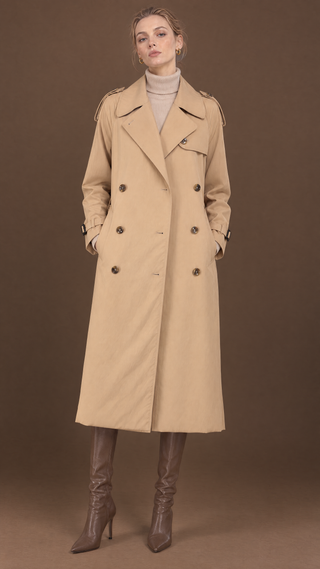 Margaux trench coat in sand beige gabardine, worn open over a knit