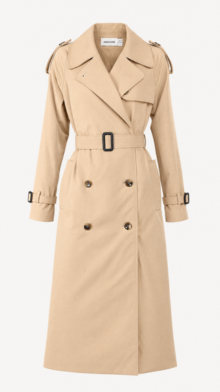 Margaux trench coat in sand beige, ghost mannequin front view showing full silhouette
