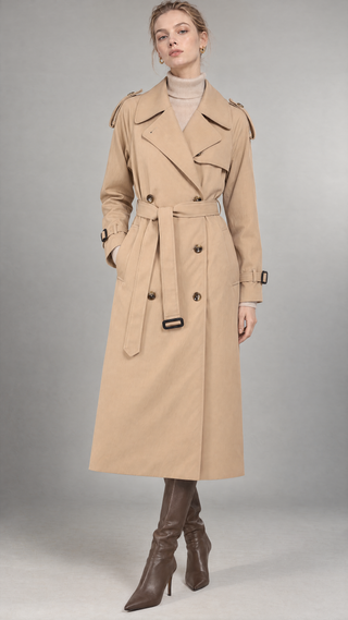 Margaux trench coat in sand beige cotton gabardine, front view, double-breasted with belt fastened