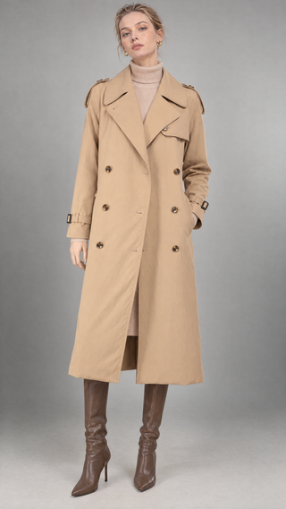 Margaux trench coat in sand beige, front view with storm flap and lapel detail