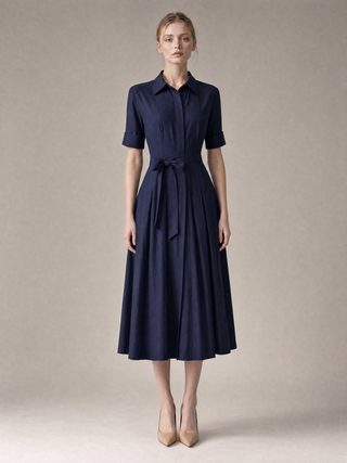 Simone tie-belt pleated shirt-dress in midnight navy cotton-silk, full-length front view with self-tie waist