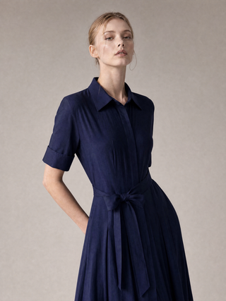 Simone shirt-dress styled with self-tie belt, three-quarter sleeves with folded cuffs