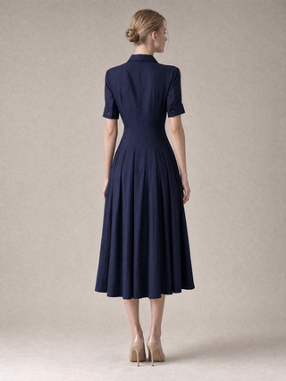 Simone pleated shirt-dress in midnight navy, full-length back view