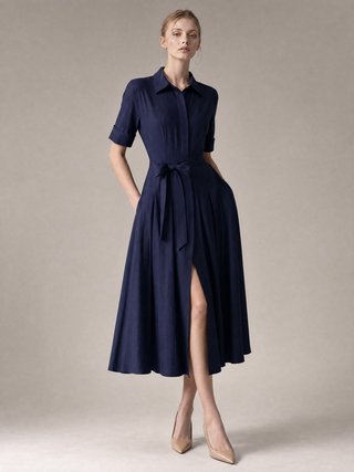 Simone tie-belt shirt-dress, styled campaign image in warm interior light