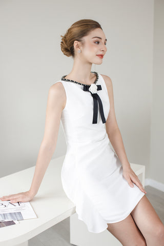 White Fine Taffeta Mini Dress with Black Chain and Camelia Bow Brooch