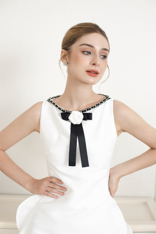 White Fine Taffeta Mini Dress with Black Chain and Camelia Bow Brooch