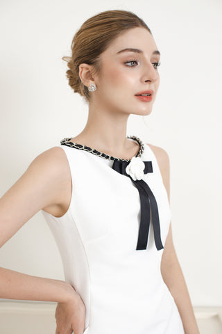 White Fine Taffeta Mini Dress with Black Chain and Camelia Bow Brooch