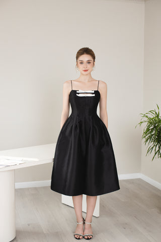 Black Crystal Bow Taffeta Midi Dress