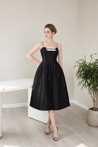 Black Crystal Bow Taffeta Midi Dress