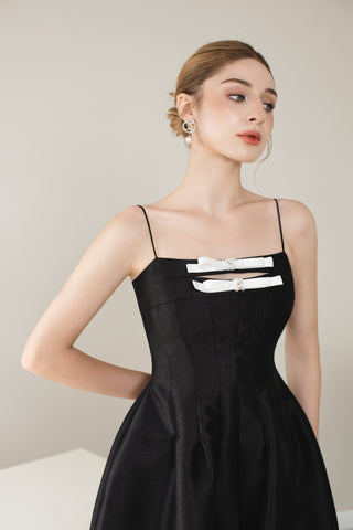 Black Crystal Bow Taffeta Midi Dress