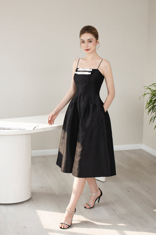 Black Crystal Bow Taffeta Midi Dress