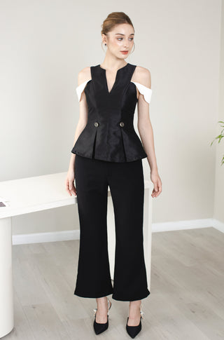 Black Taffeta V-Neck Top with Cut-Out Sleeves