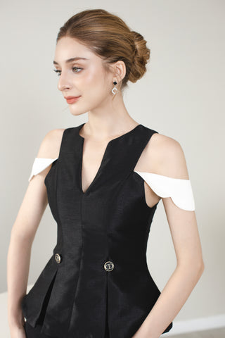 Black Taffeta V-Neck Top with Cut-Out Sleeves