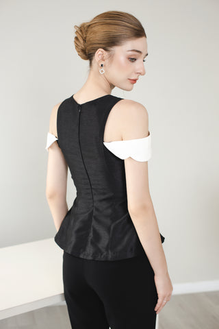 Black Taffeta V-Neck Top with Cut-Out Sleeves