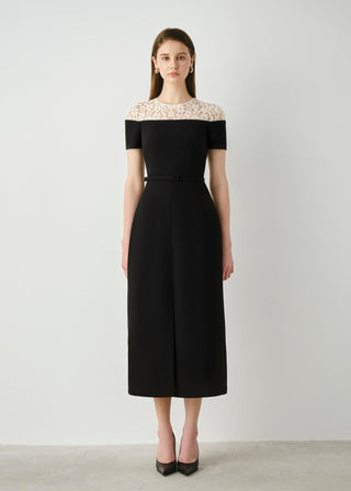 Crepe Midi Dress with Lace Detail