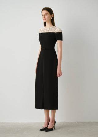 Crepe Midi Dress with Lace Detail