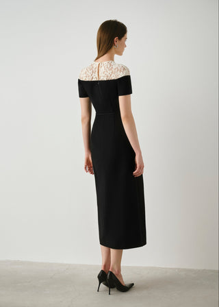 Crepe Midi Dress with Lace Detail