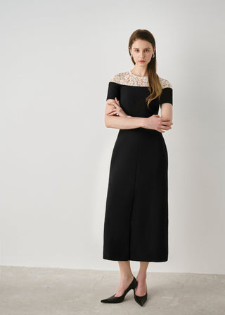 Crepe Midi Dress with Lace Detail
