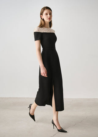 Crepe Midi Dress with Lace Detail