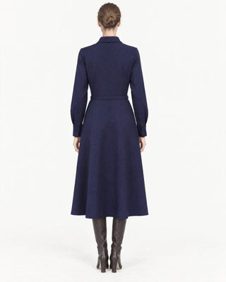 Back of the Mathilde midnight navy wool-blend twill shirt-dress, showing the back darts and A-line midi skirt