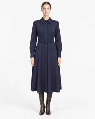 Mathilde midnight navy wool-blend twill shirt-dress, front: five pintucks either side of a concealed placket, covered-buckle belt, A-line midi skirt