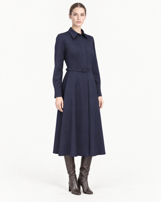 Mathilde midnight navy wool-blend twill shirt-dress at a three-quarter angle, belted at the waist