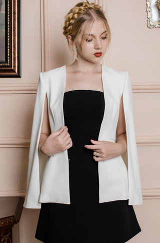 White Cotton Cape Blazer with Clasp Closure